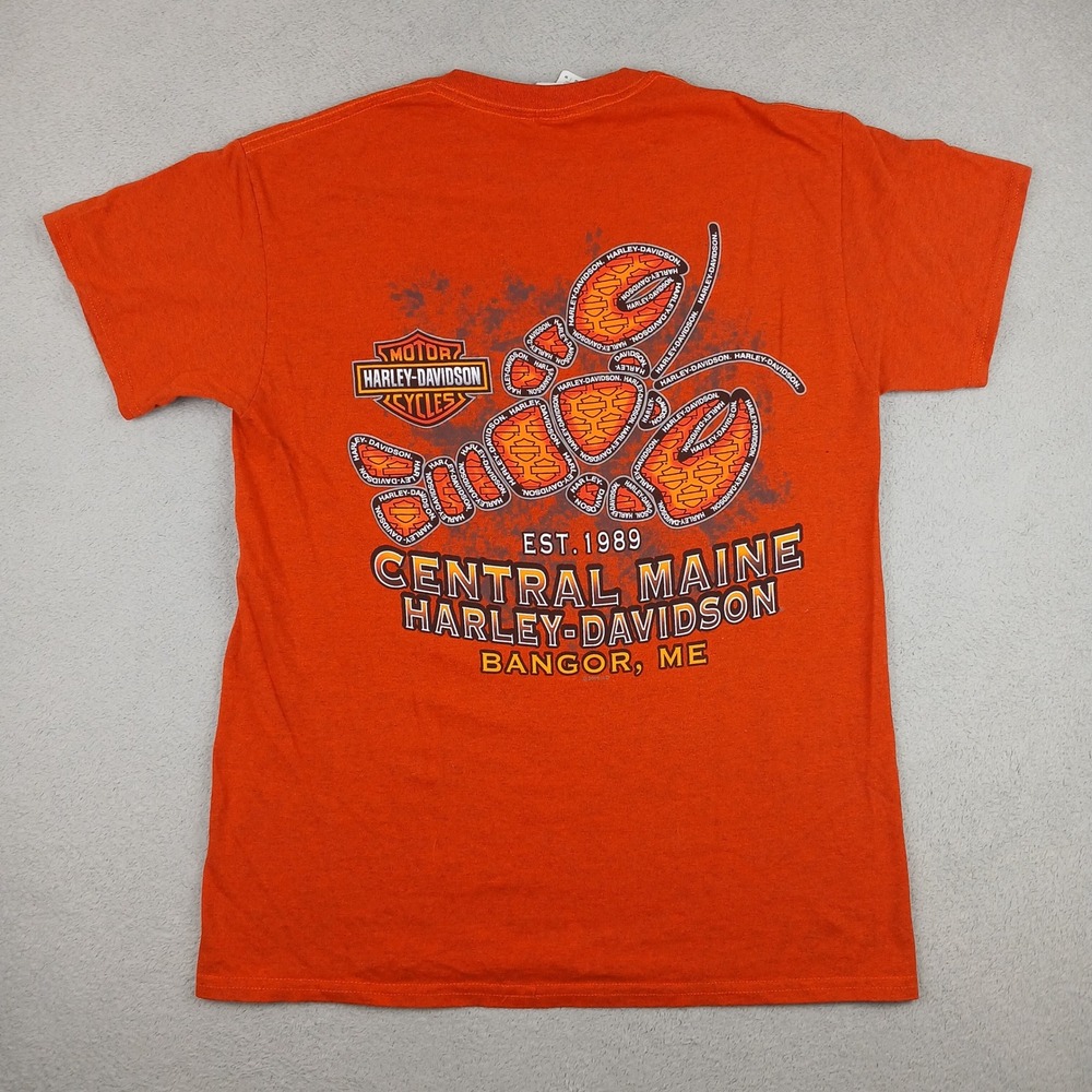 Harley Davidson Shirt Mens Medium Orange Graphic Central Maine Bangor Oil Tee - Picture 11 of 13